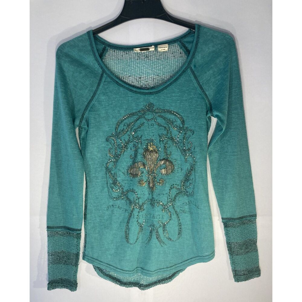 Miss Me Vintage Fleur De Lis Graphic Thermal Top Teal Green Bling Raw Hem No Sz.